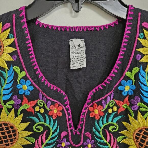 Made In Mexico Black w/ Heavy Colorful Floral Embroidered Mexican Dress Size M - Picture 5 of 11